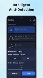 Mode permainan ZapTap Auto Clicker dan tangkapan layar fitur anti-deteksi